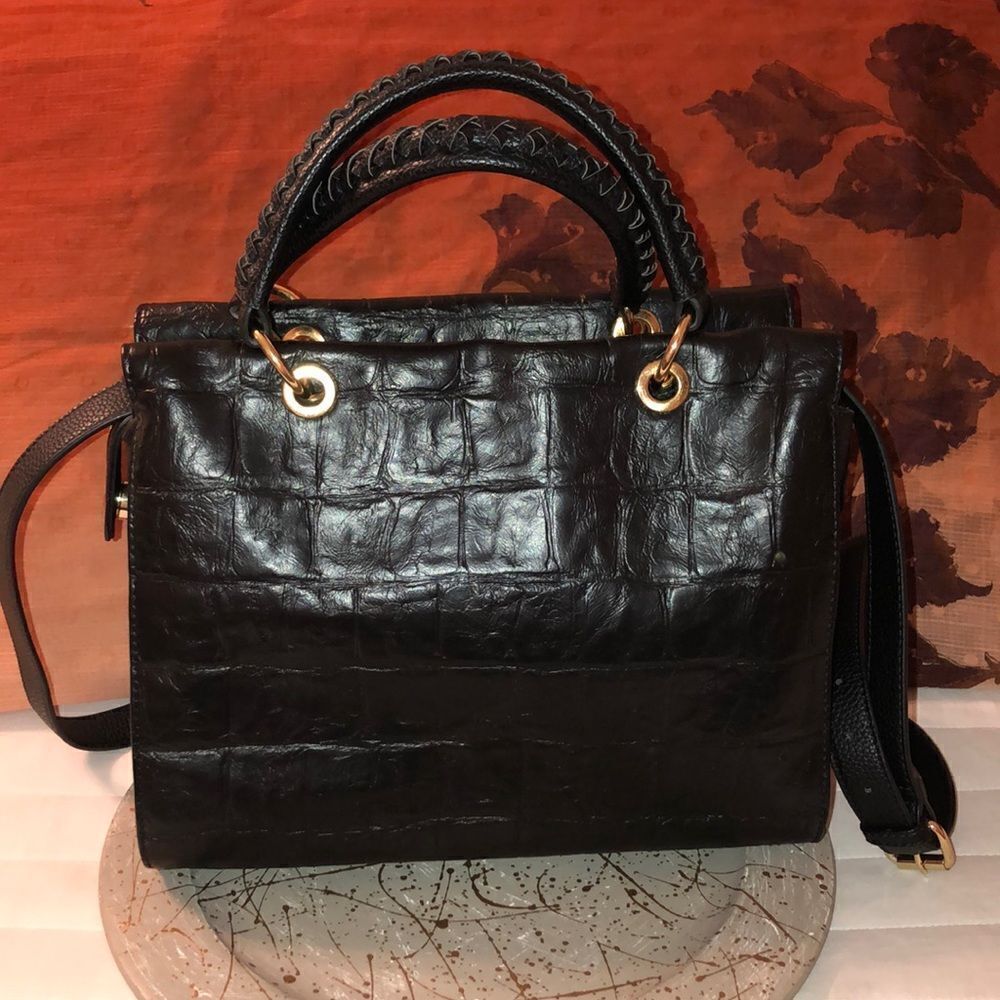 Sondra Roberts Black Pebbled Faux Leather Satchel Crossbody Strap